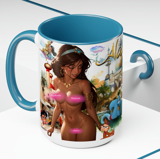 Aladdin's Sexy Jasmine Naked with Rajah Tiger Art Mug, Genie and Abu, Two Tone Color 15 Oz Mug