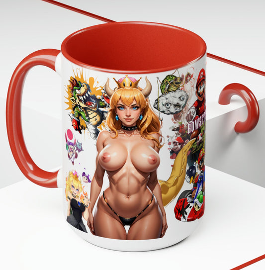 Bowsette Princess Peaches, Mario Brother's, Topless Peaches, Mature Adult NSFW, Two Tone 15 Oz Mug